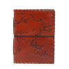 Light tan travel journal made of brown leather with embossed world map design and stitched edges measuring 7 by 5 inches