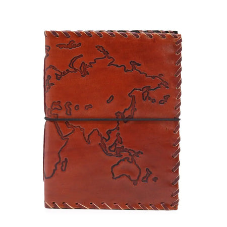 Light tan travel journal made of brown leather with embossed world map design and stitched edges measuring 7 by 5 inches