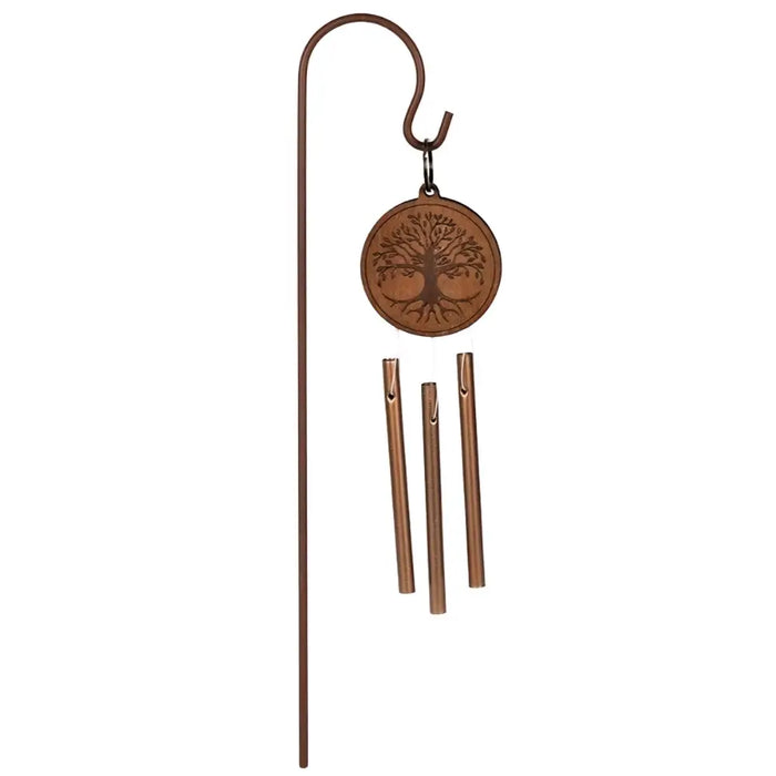Tree of life garden windchime with copper coloured metal tubes and circular wooden medallion top piece