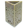 Triangular soapstone oil burner in green soapstone with carved elephant and floral patterns for holding pencils