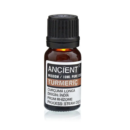 A small amber glass bottle with black cap labeled ancient wisdom turmeric essential oil 10ml turmeric essential
