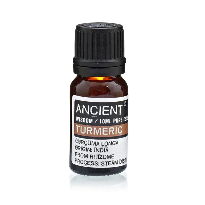 A small amber glass bottle with black cap labeled ancient wisdom turmeric essential oil 10ml turmeric essential