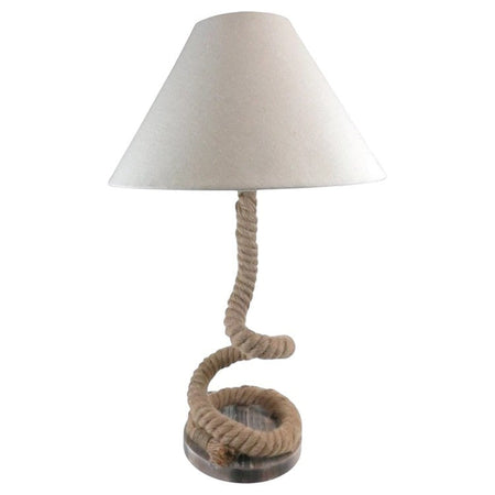 The Window, Milford Haven twisted rope table lamp with a beige fabric shade and a nautical wood base.