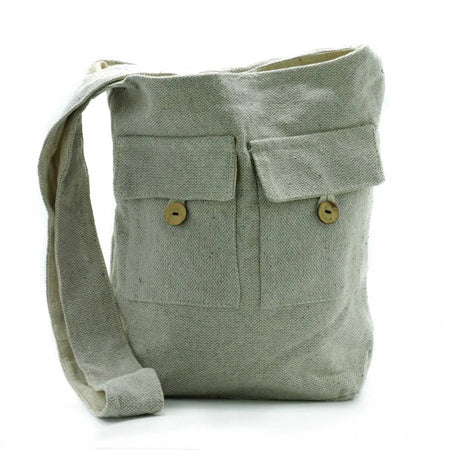 Beige natural stone canvas shoulder bag with two front pockets and wooden buttons, large with adjustable strap