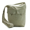 Beige natural canvas bag with two front pockets button closures and an adjustable shoulder strap