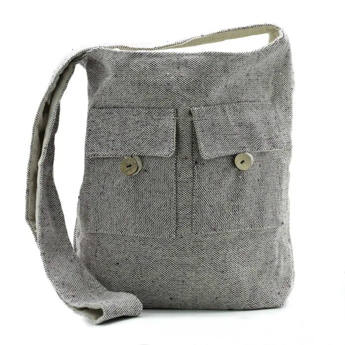 Gray textured canvas shoulder bag with two front pockets fastened by wooden buttons soft lavender large style