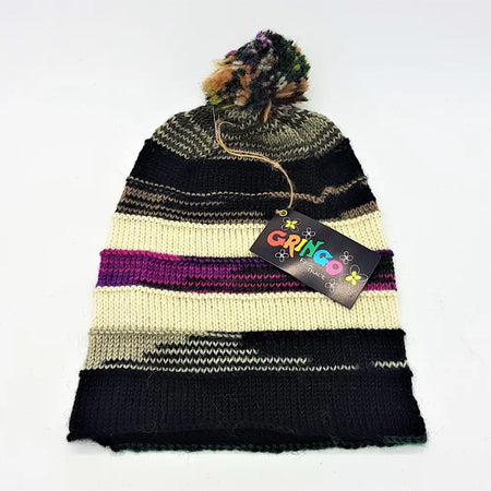Unlined 100% wool slouchy bobble hat with multicolored stripes and a fuzzy pom-pom on top