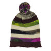 A knitted unlined 100 percent wool slouchy bobble hat with earthy stripes and a multicolored pom pom on top
