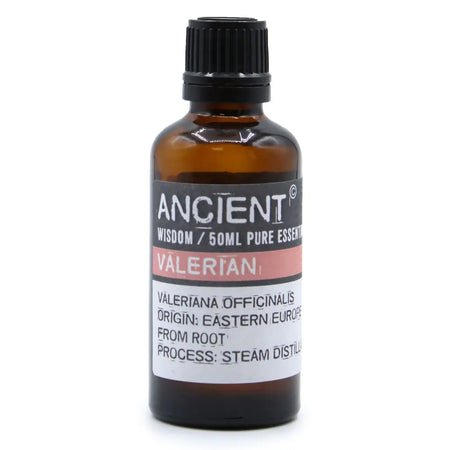 A 50ml amber glass bottle with black ribbed cap and label containing valerian essential oil from the officinalis plant