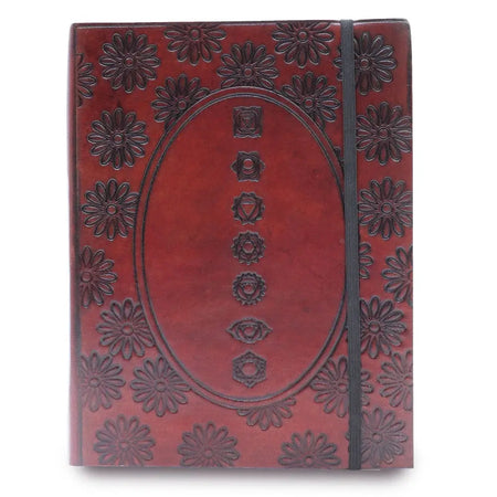Red leather vegetable tanned leather notebook with embossed floral pattern and chakra mandala strap medium size