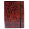 A rich brown vegetable tanned leather notebook with an embossed tibetan mandala and buddha design bound by a black strap