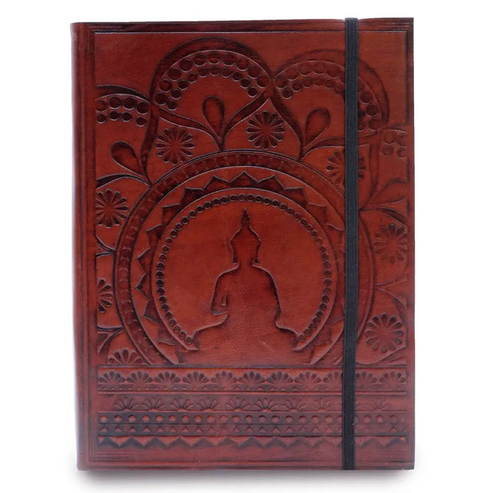 A rich brown vegetable tanned leather notebook with an embossed tibetan mandala and buddha design bound by a black strap