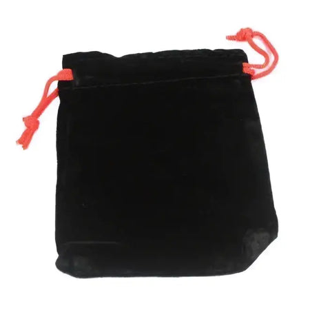Black velvet drawstring pouch with contrasting orange cords, measures 10x12cm, made of soft velvet material