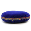 Rich royal blue velvet singing bowl cushion with gold and red embroidered border 16cm diameter