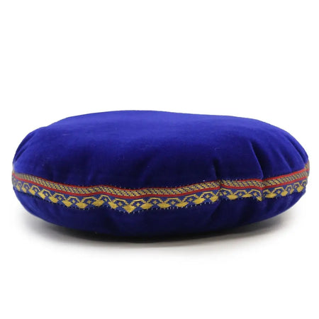 Rich royal blue velvet singing bowl cushion with gold and red embroidered border 16cm diameter
