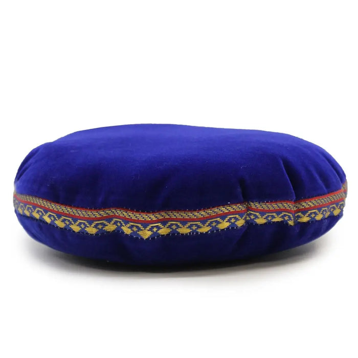 Rich royal blue velvet singing bowl cushion with gold and red embroidered border 16cm diameter
