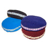 Blue velvet singing bowl cushion with decorative patterned trim measuring 7cm for sound healing use