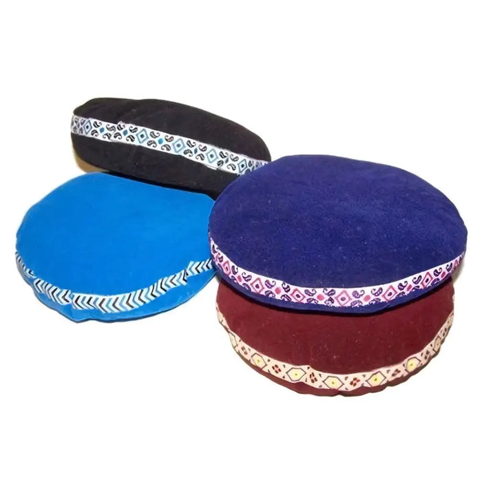Blue velvet singing bowl cushion with decorative patterned trim measuring 7cm for sound healing use