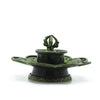 Antique-style verdigris brass incense holder with green patina, ornate leaf base, and central spout finial design