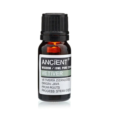 A small amber glass bottle with black cap labeled ancient wisdom vetiver essential oil 10ml pure essential oil