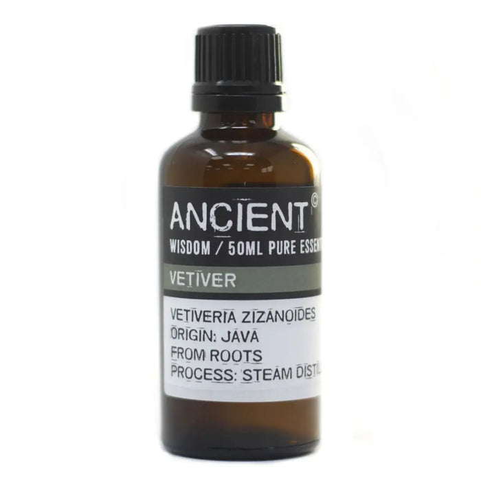 A 50ml amber glass bottle of vetiver essential oil with a black cap labeled origin java from ancient wisdom