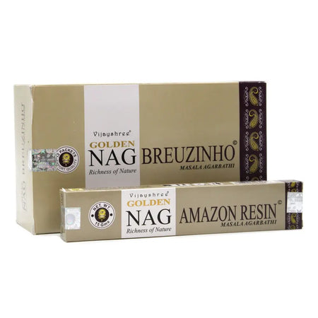Vijayshree golden nag incense sticks 15g and amazon resin masala agarbathi in beige packaging with gold and purple accents
