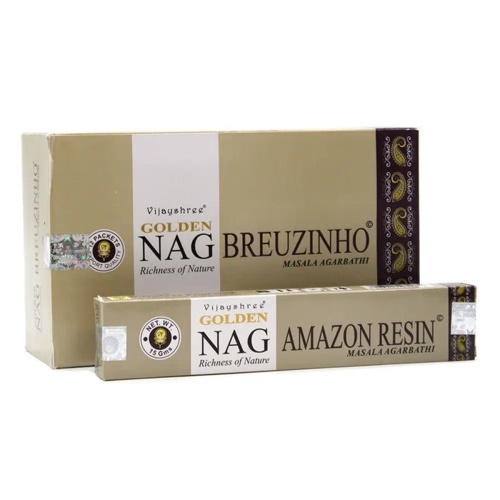 Vijayshree golden nag incense sticks 15g and amazon resin masala agarbathi in beige packaging with gold and purple accents