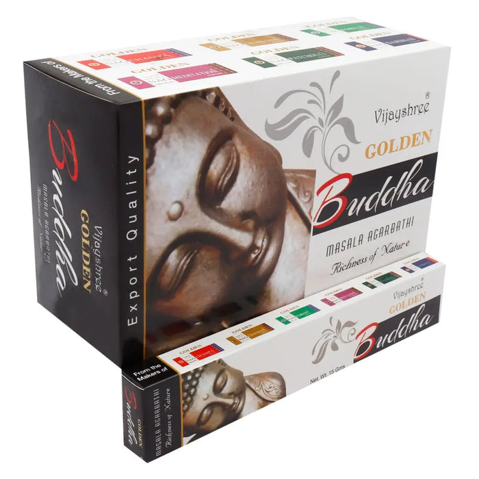 Vijayshree golden nag incense sticks box set with bronze buddha face design on white black packaging with gold lettering
