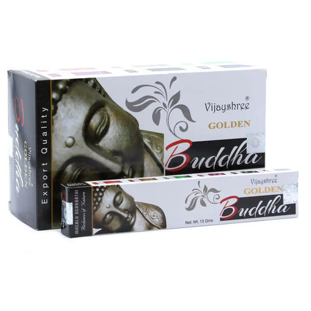 Vijayshree golden nag incense sticks in a white black box with gold lettering and a serene golden Buddha face