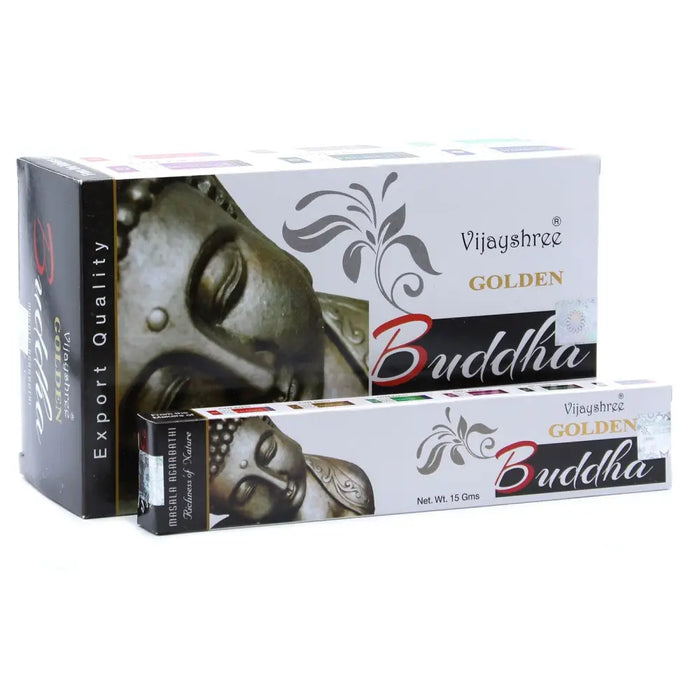 Vijayshree golden nag incense sticks in a white black box with gold lettering and a serene golden Buddha face