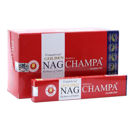 Red cardboard box of vijayshree golden nag champa masala incense sticks containing 15 grams of incense sticks