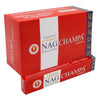 Red cardboard box of vijayshree golden nag champa incense sticks with white label gold text and paisley patterns