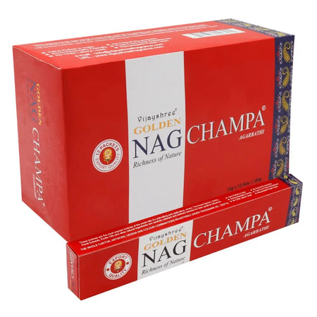Red cardboard box of vijayshree golden nag champa incense sticks with white label gold text and paisley patterns
