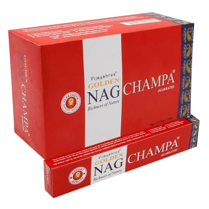 Red cardboard box of vijayshree golden nag champa incense sticks with white label gold text and paisley patterns