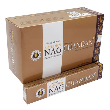Brown cardboard box of vijayshree golden nag chandan incense sticks with gold and white paisley design packaging