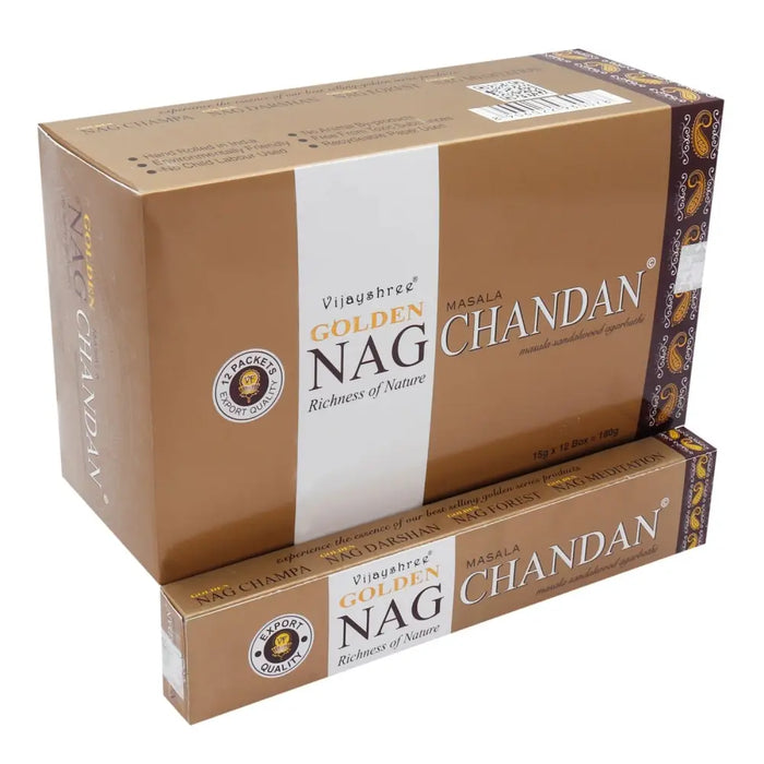 Brown cardboard box of vijayshree golden nag chandan incense sticks with gold and white paisley design packaging