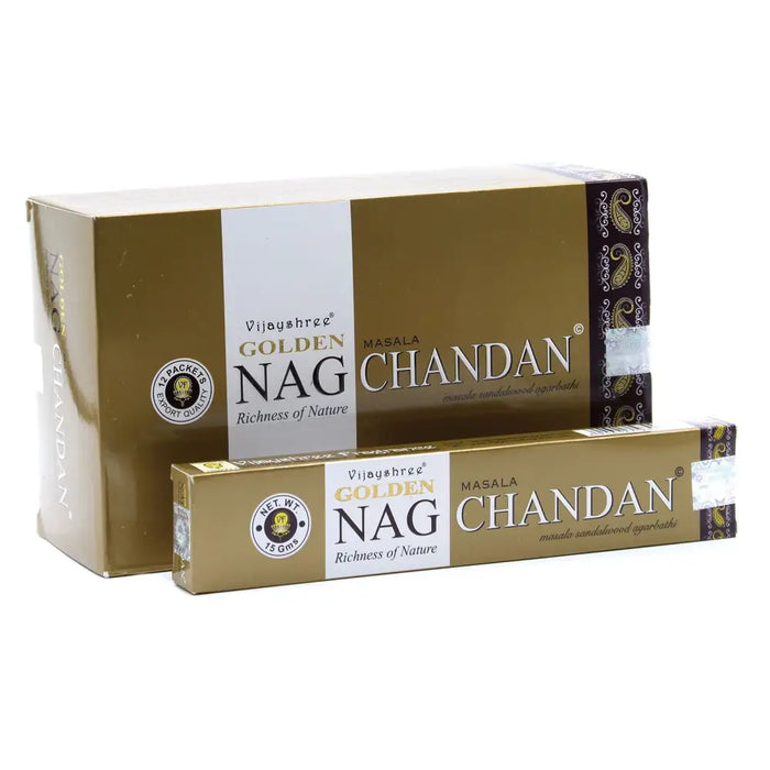 Vijayshree golden nag incense sticks in gold and white packaging with chandan scent and intricate paisley design