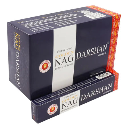 Dark blue and orange box of vijayshree golden nag darshan incense sticks 15g for aromatic use