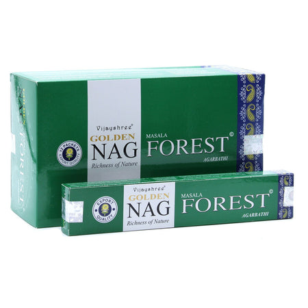 Green rectangular box of vijayshree golden nag forest masala agarbathi incense sticks 15g with natural aroma