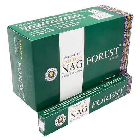 Green cardboard box of vijayshree golden nag forest incense sticks 15g showing packaging and branding details