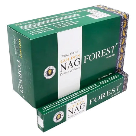 Green cardboard box of vijayshree golden nag forest incense sticks 15g showing packaging and branding details