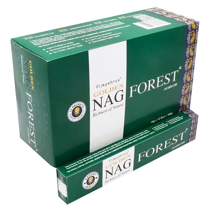 Green cardboard box of vijayshree golden nag forest incense sticks 15g showing packaging and branding details