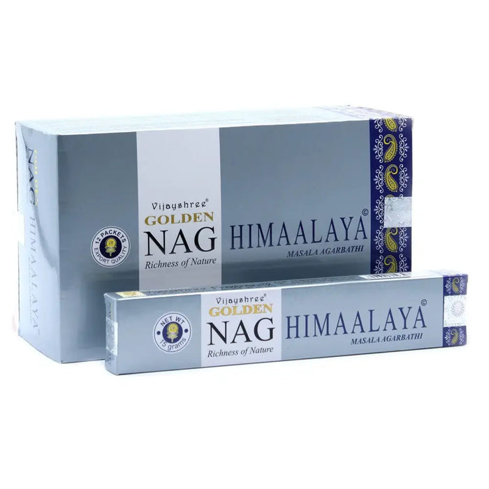 Silver and blue packaged vijayshree golden nag himaalaya masala incense sticks 15g with aromatic spices