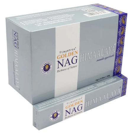 A silver and purple packaged box of vijayshree golden nag himalaya masala incense sticks 15g