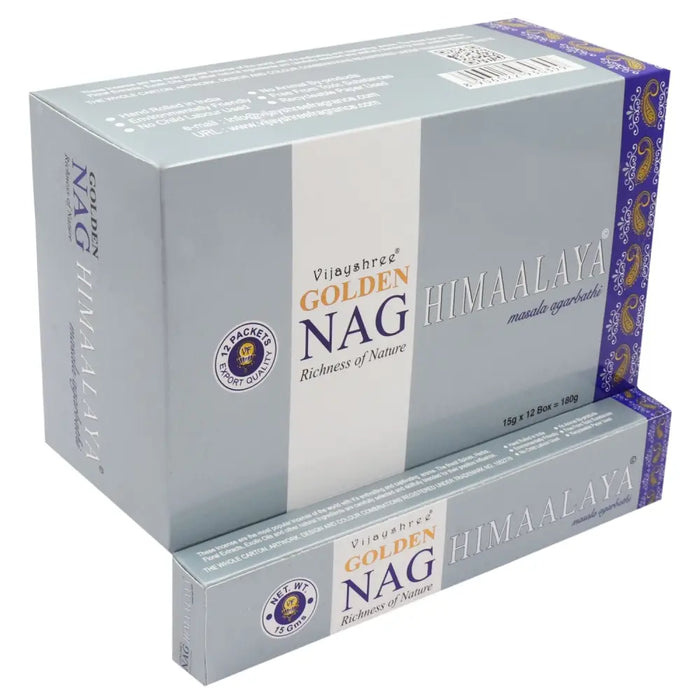 A silver and purple packaged box of vijayshree golden nag himalaya masala incense sticks 15g