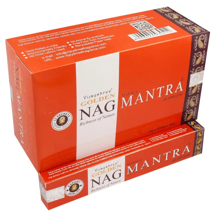 Vijayshree golden nag mantra masala incense sticks in an orange and white box with gold paisley trim 15g