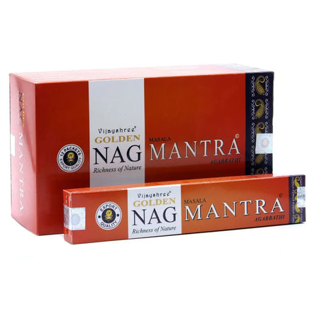 Vijayshree golden nag mantra masala incense sticks in a red white box with gold accents 15g packaging