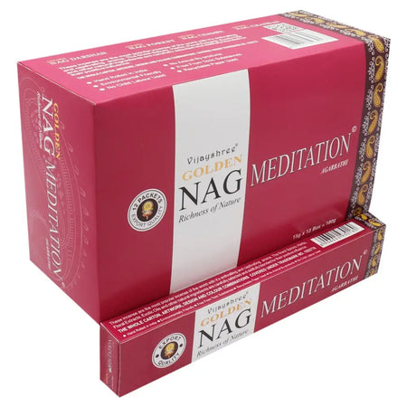 Red cardboard box of vijayshree golden nag incense sticks with gold text and paisley border for meditation use