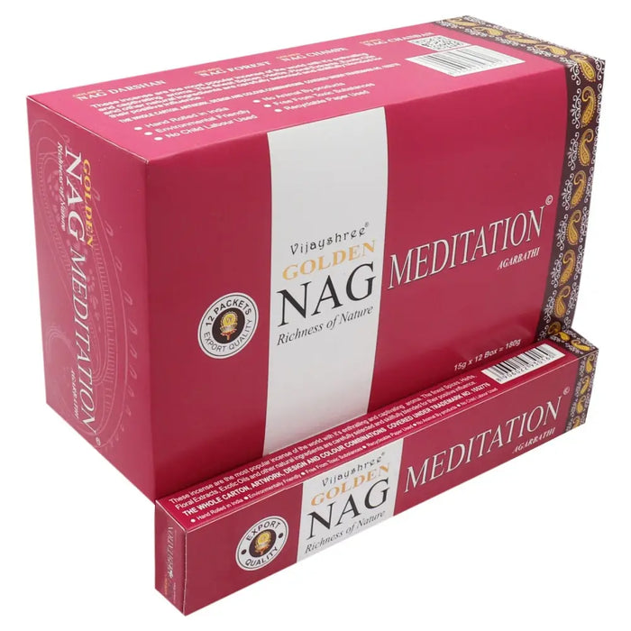 Red cardboard box of vijayshree golden nag incense sticks with gold text and paisley border for meditation use