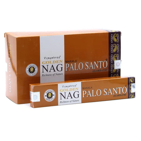 Brown cardboard box of vijayshree golden nag palo santo masala agarbathi incense sticks 15g package